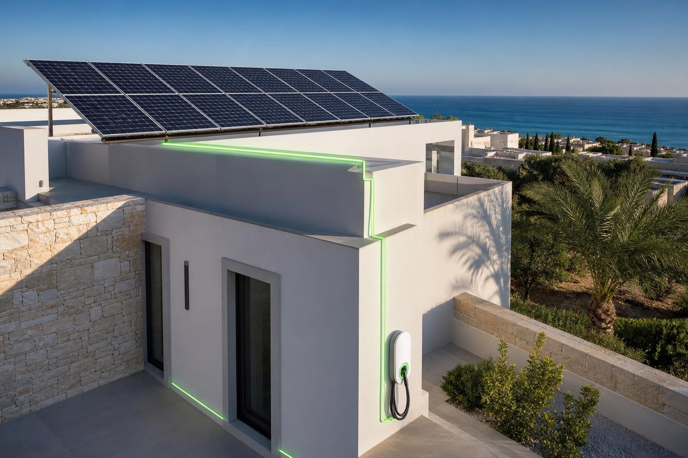 Solar panels on a Cyprus home roof feeding a GreenCharge wall charger