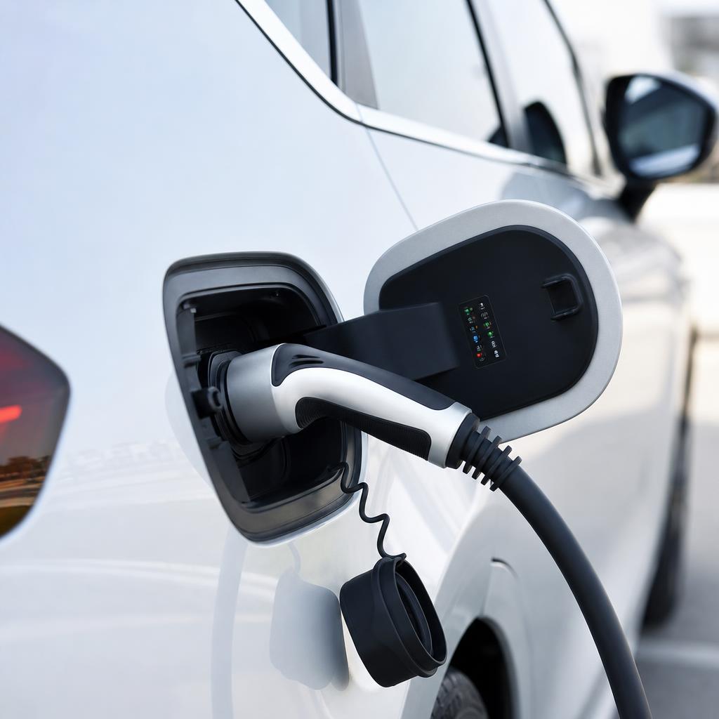 Close-up of a GreenCharge CCS connector plugged into a white electric vehicle